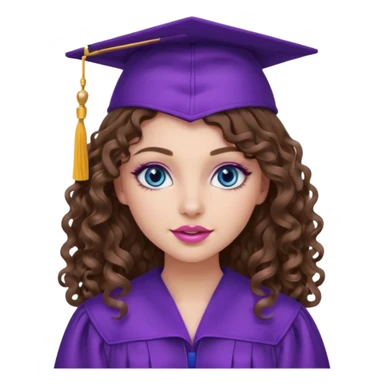 girl with curly and long wavy brown hair, blue eyes, long lashes makeup, sexy pink lips, wearing a purple graduation cap and gown sticker