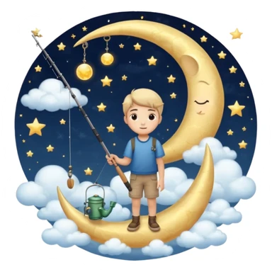 A dreamy night sky with a crescent moon. A boy sits on the moon holding a fishing rod, surrounded by soft clouds and stars. Magical and peaceful atmosphere. sticker