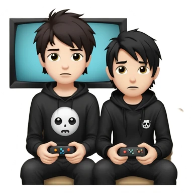 pale Goth boy with a bunch of face piercings, with shaggy dark brown hair, next to a tan skin gamer boy with long black hair , they are watching tv together  sticker
