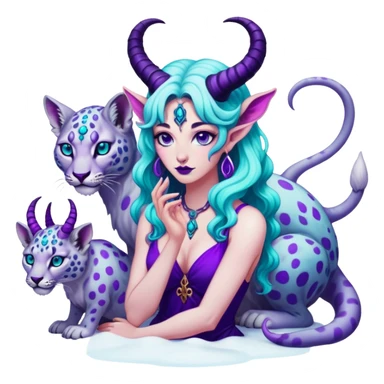 Feminine Scorpio Baphomet standing among trippy purple and teal mushrooms.. she’s petting a snow leopard  sticker