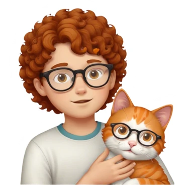 Boy with curl brown hair and glasses giga white and orange cat sticker