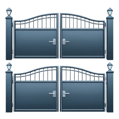 Flat emoji-style icon of automatic driveway gates.
Two solid gate panels opening to the sides.
Modern metal gates, simple design.
Clean vector style, minimalistic.
No text, no people, no buildings.
Centered, plain or transparent background.
Emoji style, iOS / Apple emoji look.
 sticker