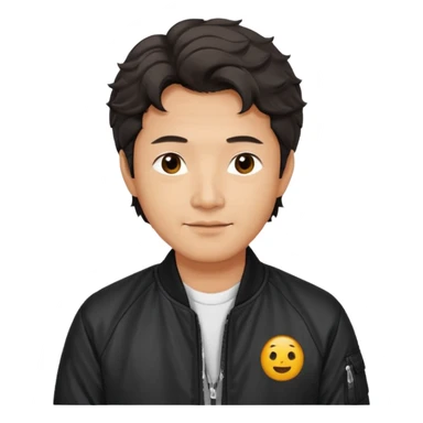 Handsome and mature Asian guy wavy hair, dressed cool in black bomber jacket, demure but with a smirk  sticker