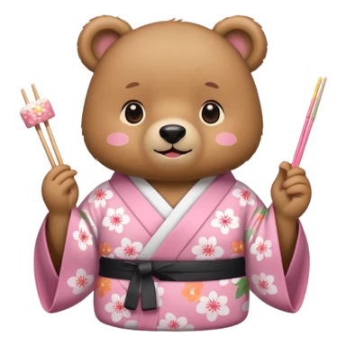 A cute light-brown bear wearing a pastel pink sakura-patterned kimono, normal balanced body ratio. 
Happily eating sushi with chopsticks, excited sparkling eyes. 
Kawaii emoji style, minimalistic clean sticker illustration, white background.
 sticker