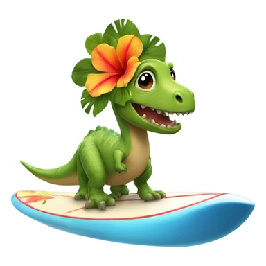Dinosaur on a surfboard with a Hawaiian flower on its head sticker