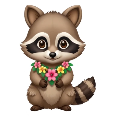 A cute chibi playful raccoon wearing a hawaiian flower necklace, looking festive. sticker