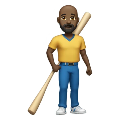 A bald black man dressed in gold shirt and blue pants with a beard and goatee in dark shades with a baseball bat. sticker