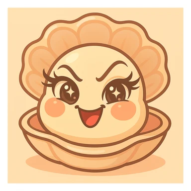 Create a version with an even more mischievous expression, very expressive and luminous eyes, elegant eyelashes, and strongly accentuated pastel, pearly, cream, peach, and greige shades, while keeping the large shell, small oyster, pastel toon style, and the background as is. sticker