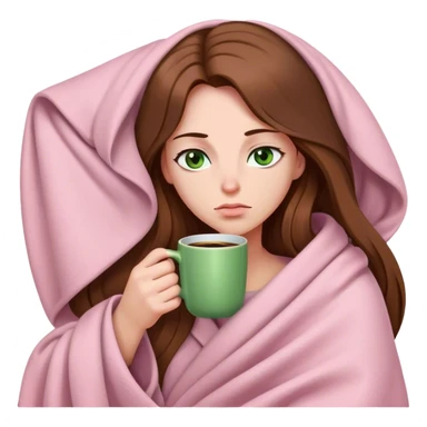 woman with very long brown hair and green eyes in a light pink blanket sleepy with coffee sticker
