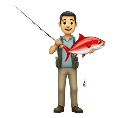husband holding fishing rod with red fishing line hooked tuna sticker