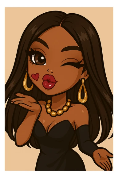 Remove any hats, ensure she is winking while blowing a kiss, headshot only, 20-year-old anime Bratz style woman with dark skin, dark hair, glamorous evening wear, big expressive eyes, glossy lips, happy expression, no tears. Style: anime Bratz. sticker