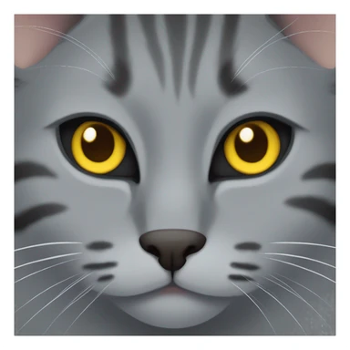 grey cat with some dark grey lines, some lines of brown and black with yellow eyes and a black nose sticker