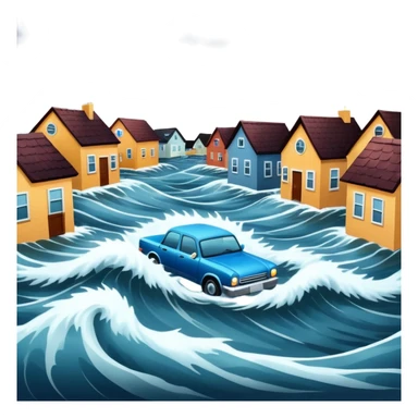 showing a flood disaster scene with strong water waves overflowing streets, partially submerged houses and cars, dark cloudy sky sticker