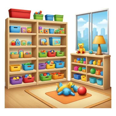 tidy room with toys neatly arranged on shelves, clear and inviting sticker