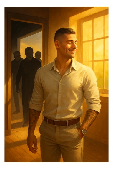 a man stands confidently in a sunlit room, facing away from a group of dark, shadowy figures with harsh or angry expressions who are walking out the door. The man’s posture is upright and relaxed, his face calm and relieved. Warm light fills the space, symbolizing his newfound peace and positivity. sticker