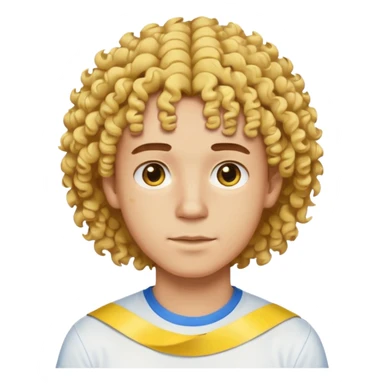 Make me an emoji that has a guy with a white shirt and yellow tape around the shirt with brown and blue spots hair make the hair curly make the yellow tape go around it sticker