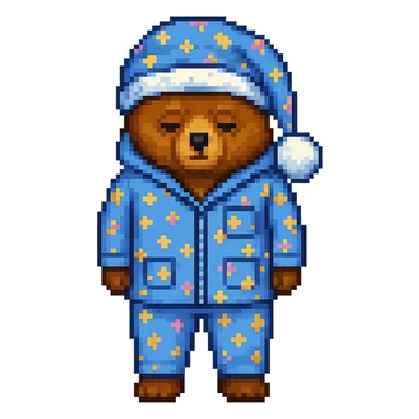 Add a nightcap to the sleepy bear in pajamas in pixel art style. The style should resemble pixel art with clear pixelated details and colors. sticker