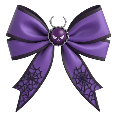 3D emoji gothic bow, dark plum satin, black lace overlay, silver spiderweb charm, moody and elegant sticker