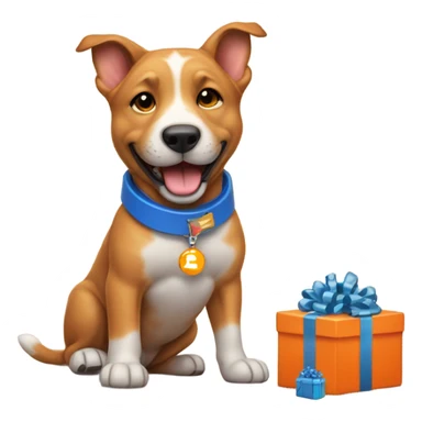 happy cute american stafford with simple blue collar with orange pendant from half side perspective with many presents and gifts around him sticker