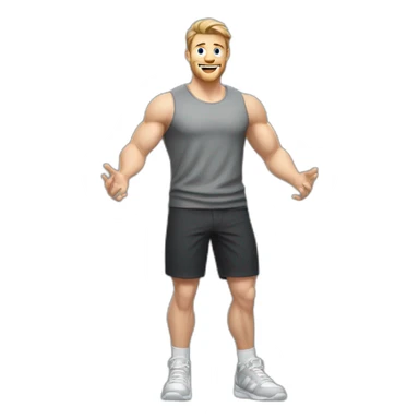 Full height Actively gesturing with hands Pale skinned Fit Man With the biceps and light brown hair with Bristle in dark gray Sleeveless Mike, black oversize sports shorts and white Sneakers sticker