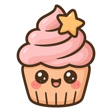 a cute pink cupcake with a star accent, original design, big eyes, blushing cheeks, joyful sticker