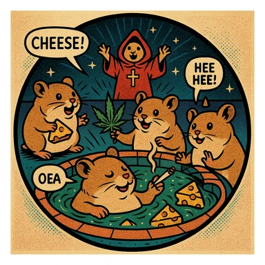 discord server icon, circular, centered composition of a hamster cult weed and cheese pool party at night, 80s comic book style, halftone dots, speech bubbles, dynamic action lines sticker