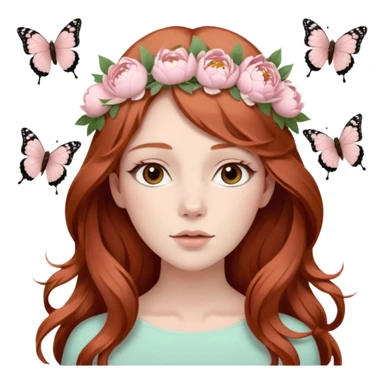 Woman with long flowing auburn hair wearing a pastel flower crown with pale pastel pink peonies and cream colored roses and butterflies in it sticker