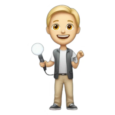 white light skin man person standing in a theater with red curtains standing on elevated stage holding a microphone smiling with light hair sticker