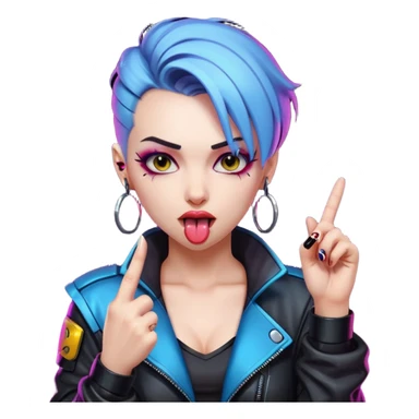 Woman with her tongue out in cyberpunk clothing and giving the middle finger. Looking naughty. sticker