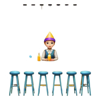 A 3D cartoon bar counter with tall stools, hanging yellow lights, and shelves filled with colorful bottles in the background. Smooth textures, warm ambient lighting, realistic reflections, dark background, Memoji-style design. sticker