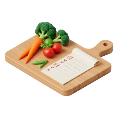 3D isometric illustration of a wooden cutting board with fresh vegetables (carrot, broccoli, tomato, peas), a paper grocery list with checkboxes, soft lighting, realistic textures, floating shadows, minimalistic style, dark background, modern food planning app aesthetic sticker