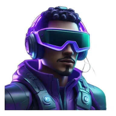 A hiperrealistc cyberwear futuristic metaverse Man playing with holograms cyberwear techwear green and purple neon perfect lights add a Futuristic cyberpunk metaverse headset sticker