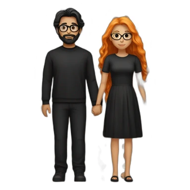 girl with long orange hair wearing all black and holding hands with boy with dark hair and beard and glasses sticker