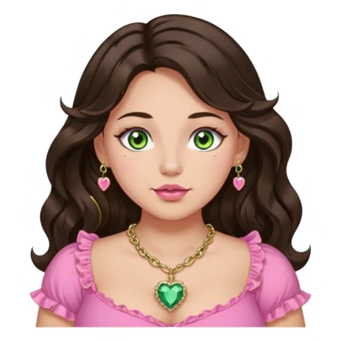 Girl long wavy dark brown hair with middle part. green gold eyes, plus size, pink frilly top, right nostril gold nose ring, small pink heart crystal necklace  sticker