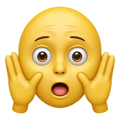 A 3D glossy yellow emoji of a shocked horrified face, with mouth and eyes are wide open, eyebrows  raised, and hands against their cheeks, face has no nose, black background, high quality, soft studio lighting sticker
