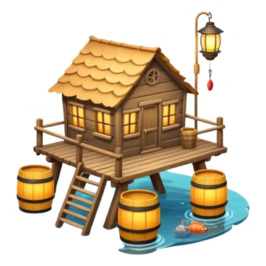 
fisherman house on a wooden pier, small dock, fishing nets hanging, barrels, lantern, ocean vibe, 3D cartoon, cute mobile game icon, clean background, no text
 sticker