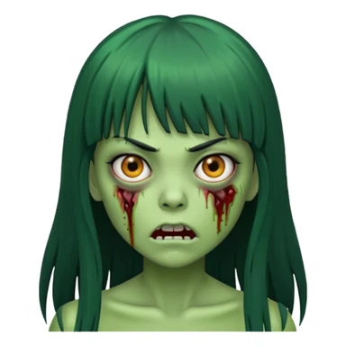 Faça uma menina de cabelo liso preto com franja zumbi cabelo longo 🧟‍♀️ faça ela assim faça ela verde com cara mais assustadora sticker