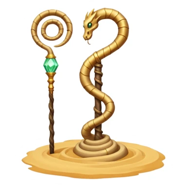 desert sand mage staff object icon, ancient staff with serpent coils around it, glowing golden sand gem on top, swirling sand aura, fantasy desert weapon, 3D cartoon, mobile game icon style, centered, clean background, no text, no watermark
 sticker
