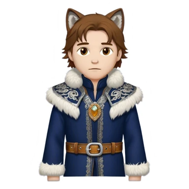 Medieval winter outfit worn by a DnD themed fantasy male character. Midnight blue felted wool tunic with silver fox fur collar, embellished with ornate metal clasps and a thick leather belt with decorative stitching. Clothes only above the waist, full waist coverage. The character has no arms. Character is white-skinned with honey brown hair, amber eyes, and shoulder-length straight hair with winter-weathered ends. sticker