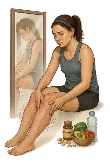 Donna tra i 25 e i 35 anni in abbigliamento sportivo, seduta o in piedi davanti allo specchio, mentre massaggia con forza le sue gambe gonfie, con espressione determinata ma affaticata. Intorno alle gambe si vedono simboli visivi di gonfiore e ritenzione (gambe leggermente arrossate, vene visibili, contorni delle gambe evidenziati da linee simboliche). Sullo sfondo: integratori naturali, alimenti sani e una bottiglia d’acqua, come strumenti di supporto. Atmosfera di lotta personale, luce neutra ma con accenti di speranza. Stile realistico e educativo sticker