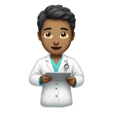  Person analyzing a product with a lab coat without glasses and black hair sticker