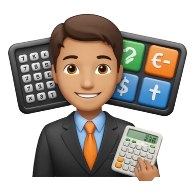 emoji, of a male AUDITOR smiling with Finance spreadsheet , a calculator,plus ADD A puzzle and a Balance for accounting. sticker