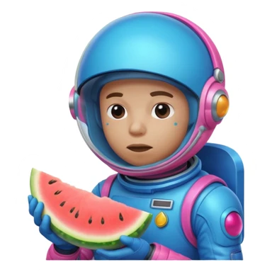 Neon pink and blue spaceman side eye eating melon looking suspicious sticker