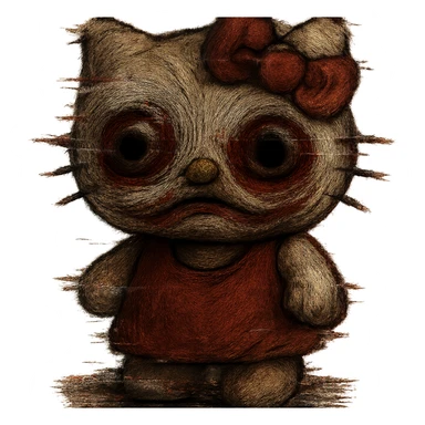 Add a digital glitch effect to the image while keeping the uncanny and unsettling vibe. Remove the background entirely for a clean isolated subject. sticker