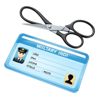 Floating black Scissors cutting a light blue military ID card in 2 parts .hyper realistic sticker