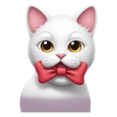 A white cartoon cat with a red bow on its left ear, looking unwell, a pink liquid out of his mouth sticker