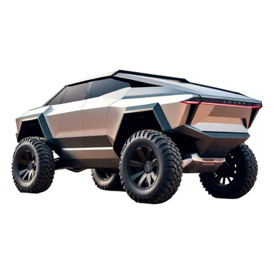 Tesla Cybertruck - A futuristic Tesla Cybertruck, angular and geometric with a sharp, triangular body shape. Stainless steel exoskeleton with a raw, unpainted, brushed-metal finish. A sleek, narrow LED light bar stretches across the entire front. Large, rugged off-road tires with exposed wheel arches. Smooth, handle-free doors and a slanted, armored rear with a retractable tonneau cover. Rear LED strip mirroring the front. The vehicle looks like a sci-fi-inspired, bulletproof stealth tank on wheels, set in a high-tech urban environment at sunset, with reflections on its metallic surface. sticker