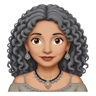 Latina woman, about 55 years old, dark warm brown skin, round soft face, long curly black and gray hair, no headband, medium eyes, thin eyebrows, gentle smile, gray peasant blouse with embroidery, bare shoulders, large dark necklace sticker