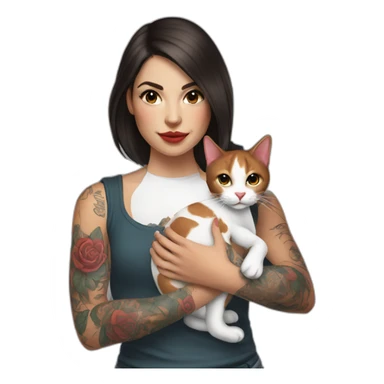 young tattooed brunette woman holding a red and white cat in her hands sticker