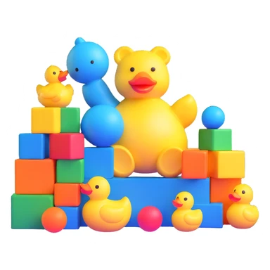 bright playful toys scattered - blue teddy bear, yellow rubber duck, colorful building blocks, rainbow ball, cartoon action figure sticker